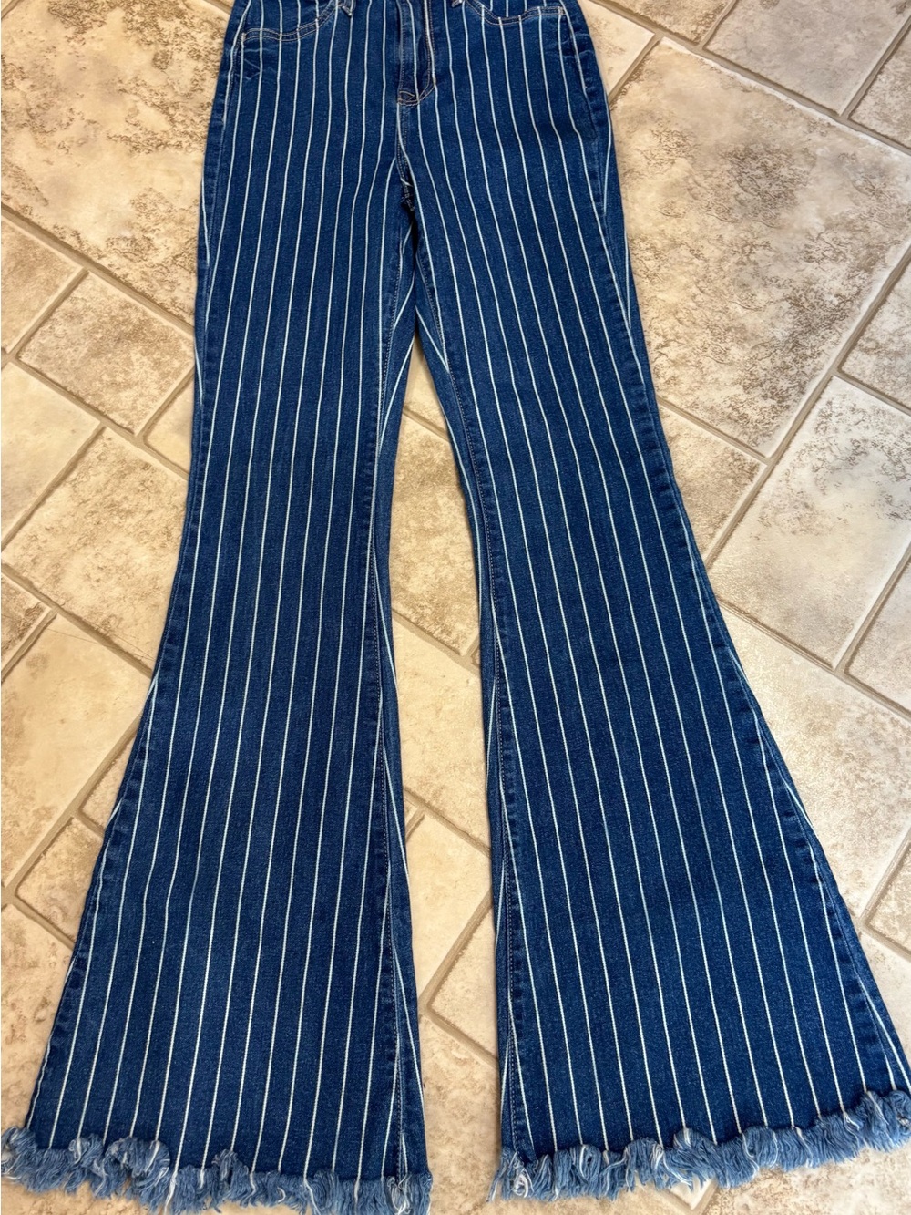 Cello Navy Blue Pinstripe Flared Jeans with Fringe Hem